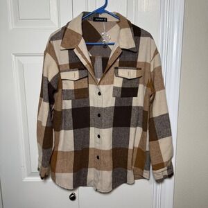 Automett Plaid Fall Shacket Oversized Flannel Button Down Shirt Jacket size SM